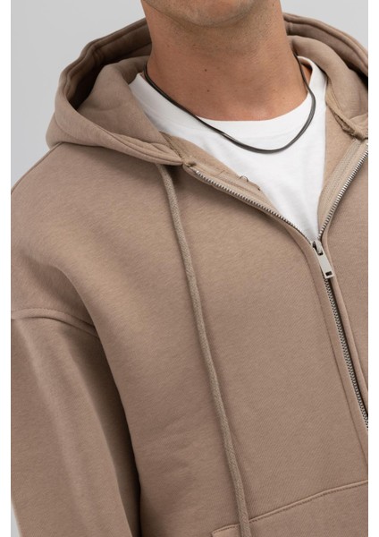 Basic Fermuarlı Oversize Kapüşonlu Sweatshirt Vizon fırsatları