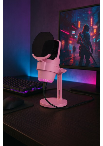 Mv-9 Pembe Rgb USB Oyuncu Yayıncı ve Podcast Için Uyumlu Condenser Mikrofon