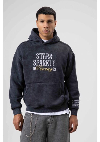 Oversize Nakış Baskılıkapüşonlu Sweatshirt Siyah modelleri