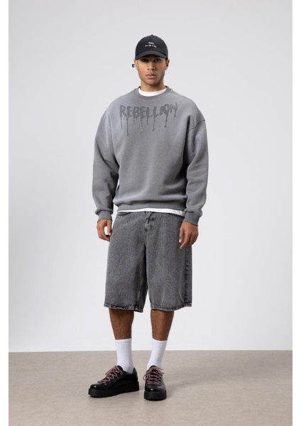 Yıkamalı Oversize Baskılı Sweatshirt Füme