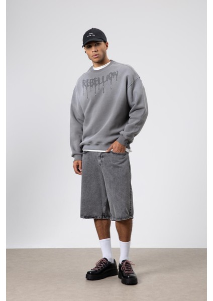 Yıkamalı Oversize Baskılı Sweatshirt Füme fiyatları