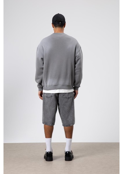 Yıkamalı Oversize Baskılı Sweatshirt Füme indirimleri