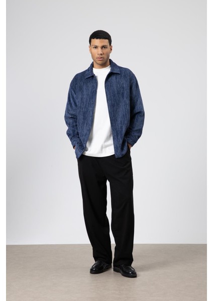 Oversize Dokulu Gömlek Lacivert