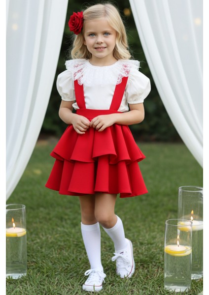 Kız Çocuk Helen Kırmızı Askılı Kat Kat Bağlama Jile Elbise Dantel Detay Ekru Kısa Kollu Bluz Takım TKM-0181.3