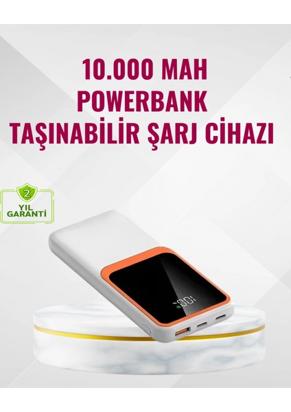 Powerbank 10000 Mah – Çift USB Çıkışlı, Type-C Girişli, Şık Beyaz Tasarım