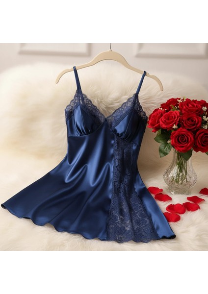 Bicomi Mavi Dantel Detaylı Yırtmaçlı Ince Askılı Saten Kısa Fantezi Gecelik modelleri