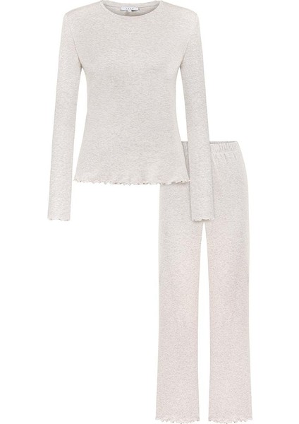 Yuvarlak Yaka Uzun Kollu Pijama Takımı / Bej melanj