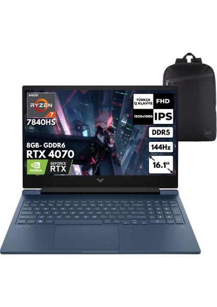Victus 16-S0007NT Ryzen 7-7840HS 40-Gbddr5 4 Tbssd Rtx 4070 (8gb) 16.1" Fhd 144Hz IPS Windows 11 Home + Hmf Sırt Çantası 7Z581EAHMF55