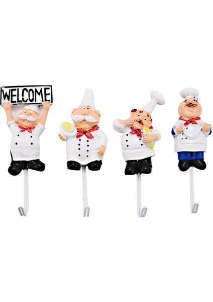 4 Reçine Paket Fransız Şef Figürine Duvar Kancaları Dekoratif Cook Duvar Montajı Hook Askısı (Çeşitli Stil) (Yurt Dışından)