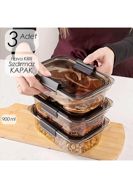 3'lü Kuru Gıda Erzak Saklama Kabı - Meyve &amp; Sebze Saklama Kabı Seti - Kapaklı Beslenme Kabı 900ML*3 indirimleri