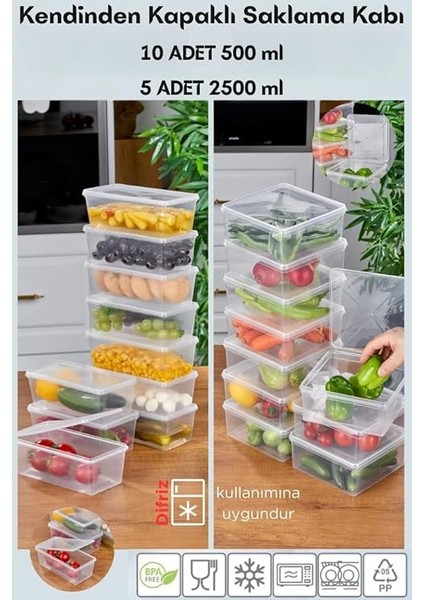 Set Saklama Kabı, 10 Adet 500ML Dikdörtgen ve 5 Adet 2500ML Kare Şeffaf Kendinden Kapaklı Saklama Kabı, Bpa Içermez, Buzdolabı, Dondurucu ve Dolap Organizeri fiyatları