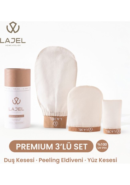 Premium Duş ve Yüz Kesesi Seti Organik Floş İpek Peeling Eldiveni 3'lü Tüm Cilt Tipleri