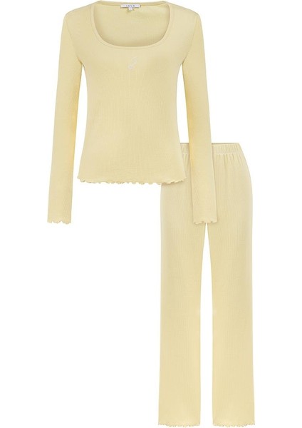 Kare Yaka Ribana Uzun Kollu Pijama Takımı / Sarı