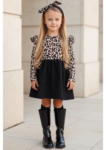Kız Çocuk Leopar Desenli Uzun Kollu Fırfırlı Elbise Bandana Takım ELB-0059