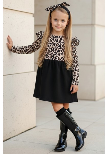 Kız Çocuk Leopar Desenli Uzun Kollu Fırfırlı Elbise Bandana Takım ELB-0059 fiyatları