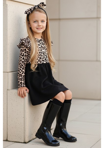 Kız Çocuk Leopar Desenli Uzun Kollu Fırfırlı Elbise Bandana Takım ELB-0059 modelleri