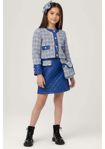 Kız Çocuk Kapitone ve Altın Şerit Detaylı Şanel Mavi Etekli Takım fiyatları