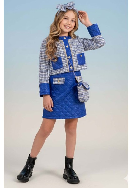 Kız Çocuk Kapitone ve Altın Şerit Detaylı Şanel Mavi Etekli Takım fırsatları