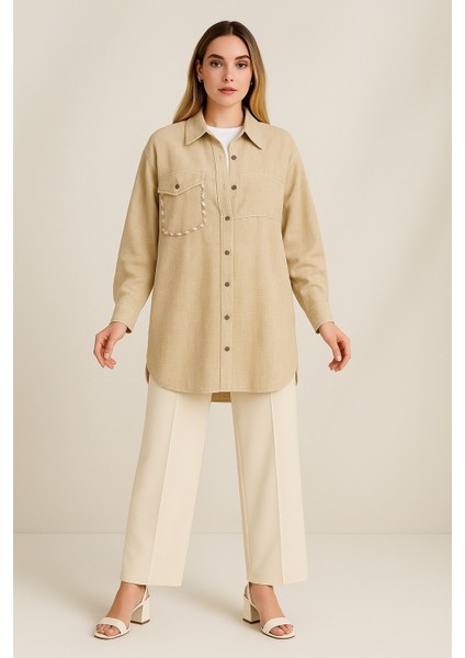 2186 Içi Sıfır Yaka Sıfır Kol Gömleğin Önü Düğmeli Önden Cepli Cep Kısmı Boncuk Işlemeli Spor Keten Tunik #09-25#