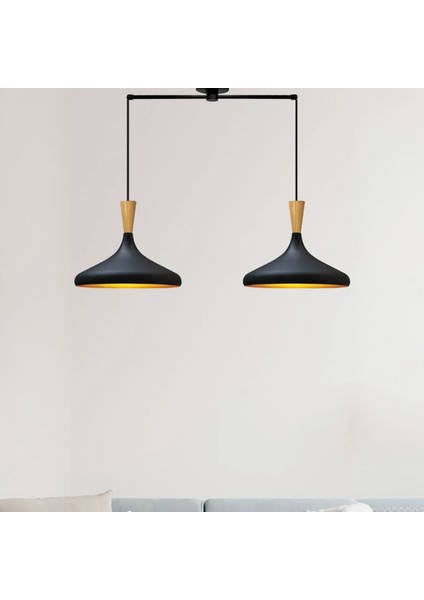 Ikili Siyah Champion Ahşap Huni Başlık Avize Sarkıt Salon Mutfak Butik Lamba Aydınlatma Avizeler