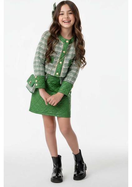 Kız Çocuk Kapitone ve Altın Şerit Detaylı Şanel Yeşil Etekli Takım fırsatları