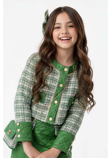 Kız Çocuk Kapitone ve Altın Şerit Detaylı Şanel Yeşil Etekli Takım indirimleri