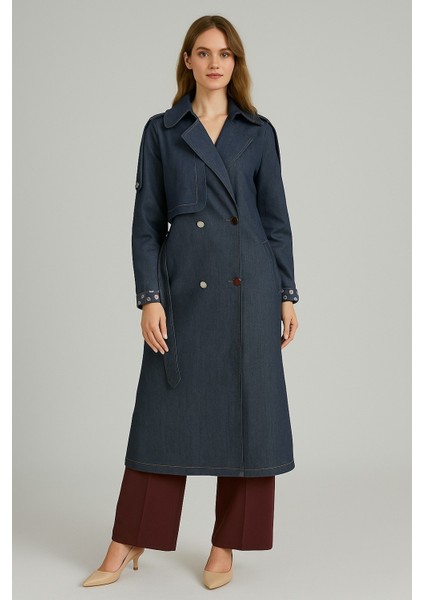 2271 Kolu Kat Detaylı Beli Kuşaklı Cepli Kot Tansel Trençkot #11-25#