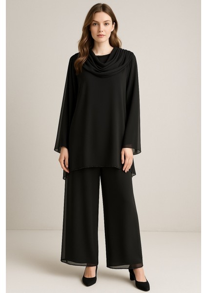 5078 Yakası Kol Ucu Taşlı Altı Asimetrik Kesim Önden Detaylı Şifon Şık Ikili Takım #10-25#