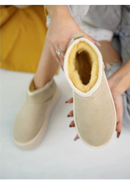 Kadın Bej Mini Süet Içi Kürklü Yüksek Kalın Taban Kışlık Bot fiyatları