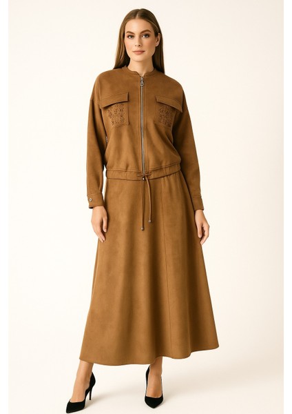 56049 Önden Fermuarlı Ceket Etek Ucu Lastikli Eteği Parçalı Süet Etekli Takım #10-25#