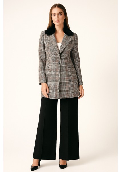 53008 Önden Tek Düğmeli Gizli Cepli Ekose Desenli Ceket #10-25#