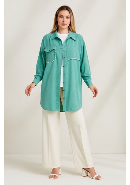 2186 Içi Sıfır Yaka Sıfır Kol Gömleğin Önü Düğmeli Önden Cepli Cep Kısmı Boncuk Işlemeli Spor Keten Tunik #09-25#