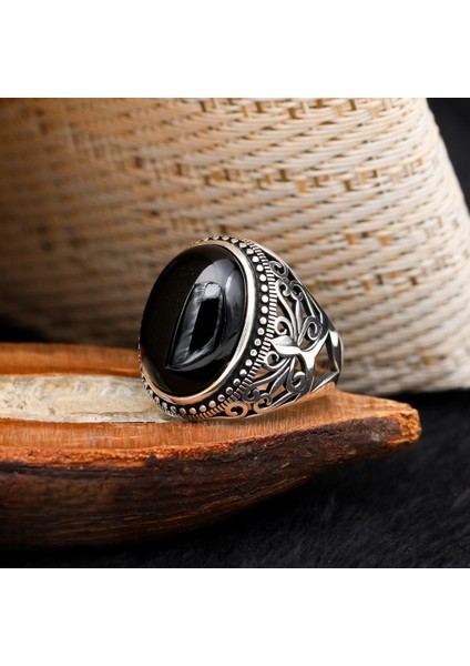 Siyah Taşlı Desenli 925 Ayar Gümüş Erkek Yüzük fiyatları