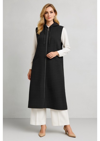 1096 Kapişonlu Fermuarlı Önü Zincir Detaylı Kapitone Yelek #10-25#