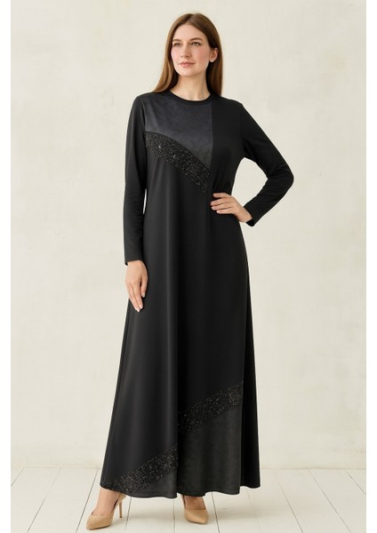 1065 Göğüs Kısmı Payetli Etek Ucu Deri Görünümlü Elbise #10-25#