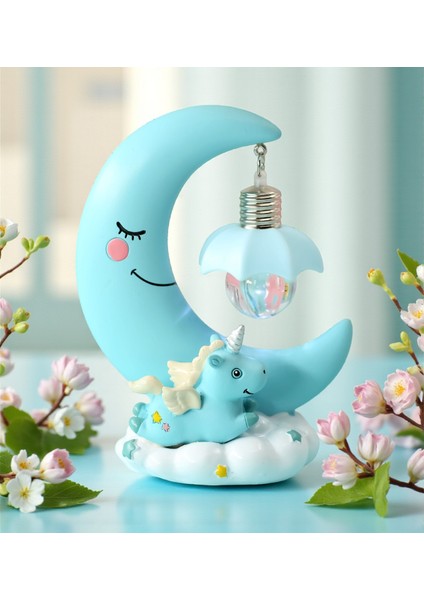 13.5cm Unicorn Figürlü Ay Tasarımlı LED Gece Lambası – Pil ile Çalışan Dekoratif Masa Üstü Işık, Çocuk Odası, Bebek Odası ve Hediye Için Masaüstü Lamba