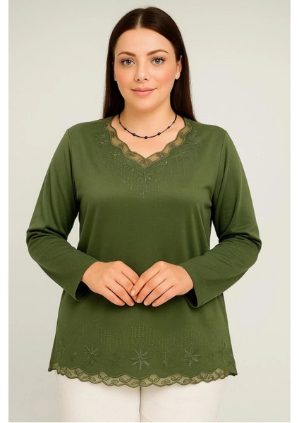 Rahat Kesim V Yaka Etek Ucu Tül Inci Işlemeli Haki Anne Penye Bluz
