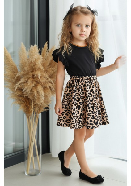 Kız Çocuk Leopar Kısa Kollu Fırfırlı Elbise Toka Takım ELB-0074