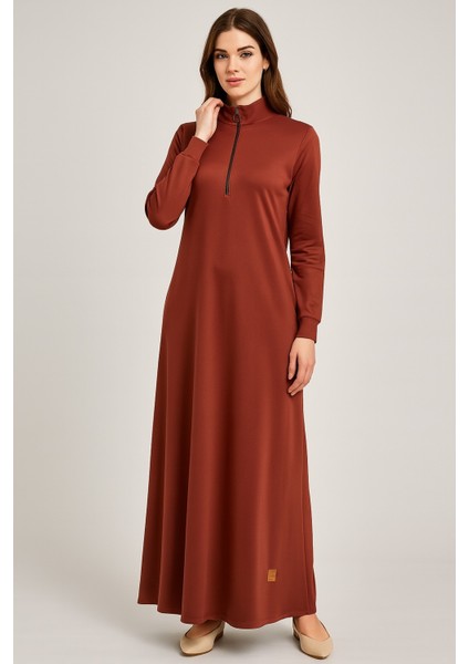 1061 Kolları Lastikli Önü Yarım Fermuarlı Oyşo Kumaş Ribanalı Boydan Elbise #10-25#