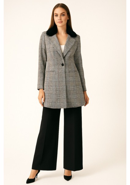 53008 Önden Tek Düğmeli Gizli Cepli Ekose Desenli Ceket #10-25#