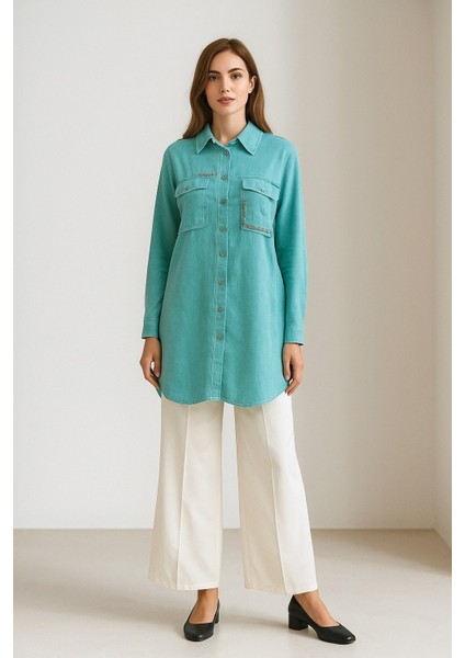 2184 Gömleğin Önü Düğmeli Kol Ucu Manşetli Cepli Cepleri Taş Detaylı Gömlek Tunik #09-25#