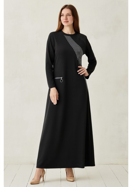 1062 Kristal Fermuar Detaylı Kolu Lastikli Omzu Deri Görünümlü Iki Iplik Elbise #10-25#