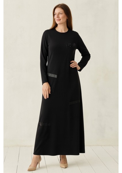 1063 Omzu Palet Detaylı Göğüs Detayı Tül Payetli Cepli Deri Görünümlü Elbise #10-25#