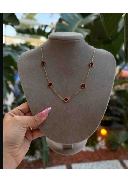 Gold Mini Bordo Yonca Model Çelik Kolye