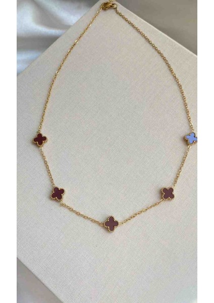 Gold Mini Bordo Yonca Model Çelik Kolye modelleri