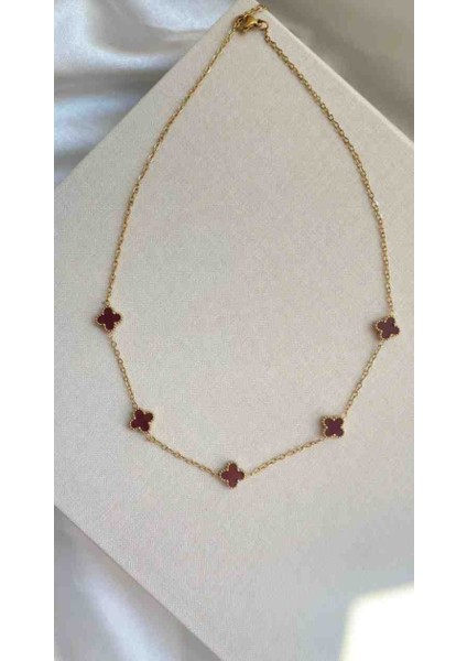 Gold Mini Bordo Yonca Model Çelik Kolye fırsatları