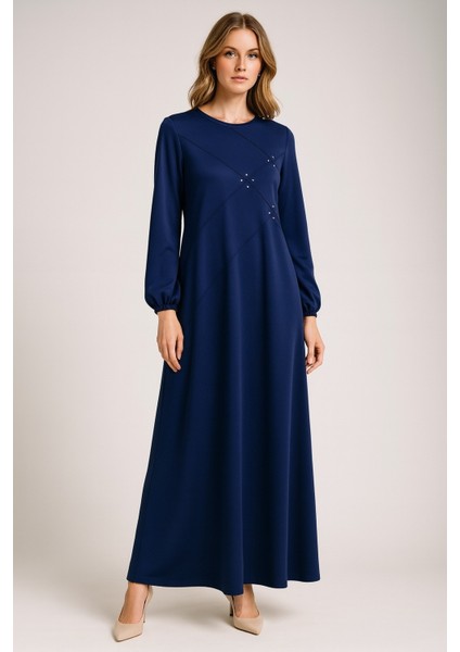 1089 Nevrürlü Göğsü Boncuk Detaylı Kolları Lastikli Duru Elbise #10-25#