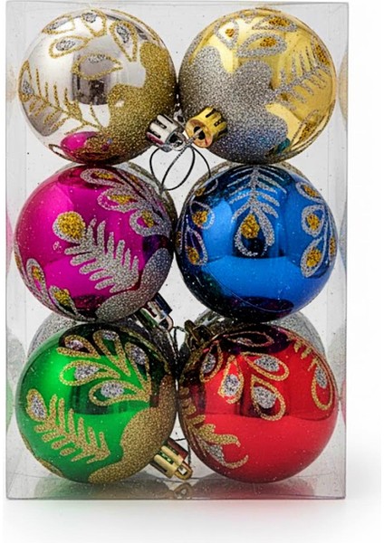 Desenli Karışık Renk Parlak Top Yılbaşı Süsü 6 Lı (2505090)