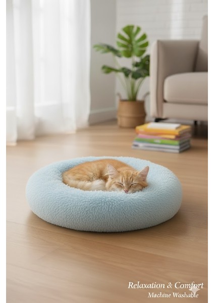 Lüks Peluş Donut Kedi Yatağı - Köpek Yatağı Minder 50x50x15 Mavi