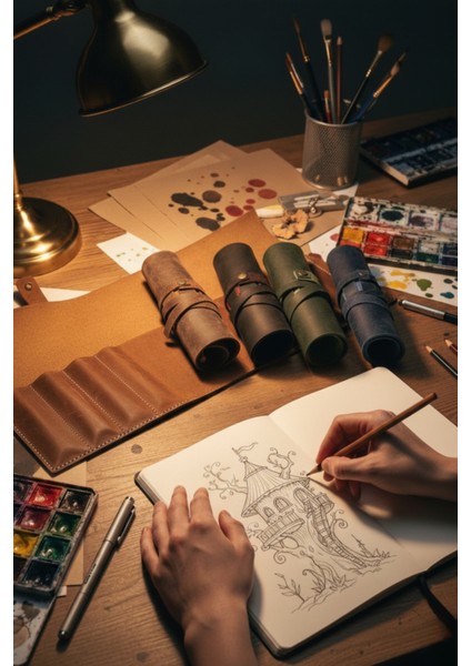 Kahverengi Hakiki Deri Rulo Kalemlik – Ayarlanabilir Kalem Bölümleri El Yapımı Kalem Çantası Organizer